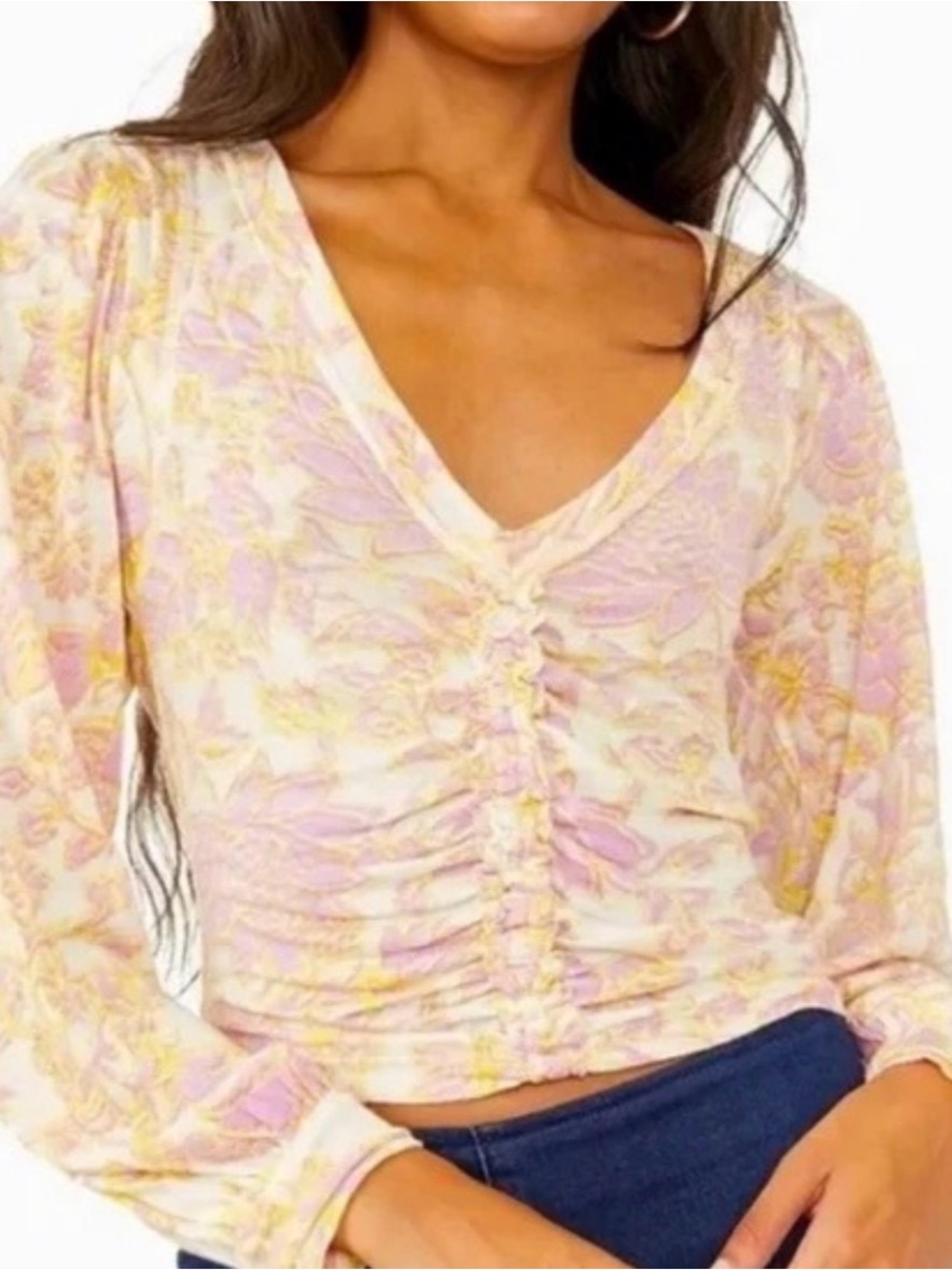 Free People Women’s Say The World Ivory Pink Yellow Floral Crop Ruched Top M
